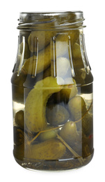 Glass jar with pickled cucumbers isolated on white