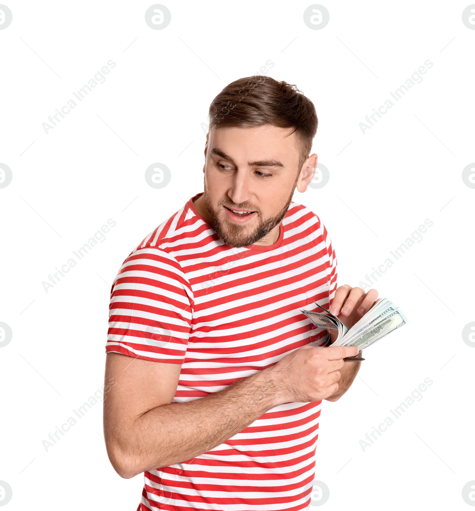 Photo of Portrait of young man counting money banknotes on white background