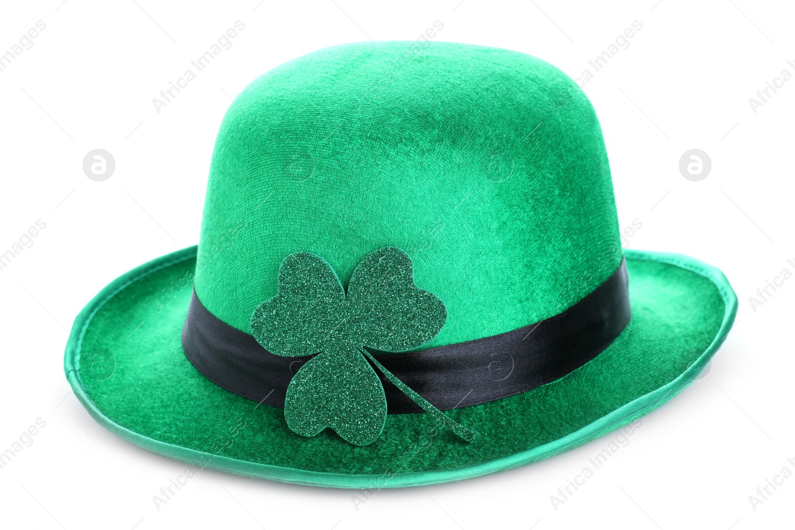 Photo of Green leprechaun hat with clover leaf isolated on white. St. Patrick's Day celebration