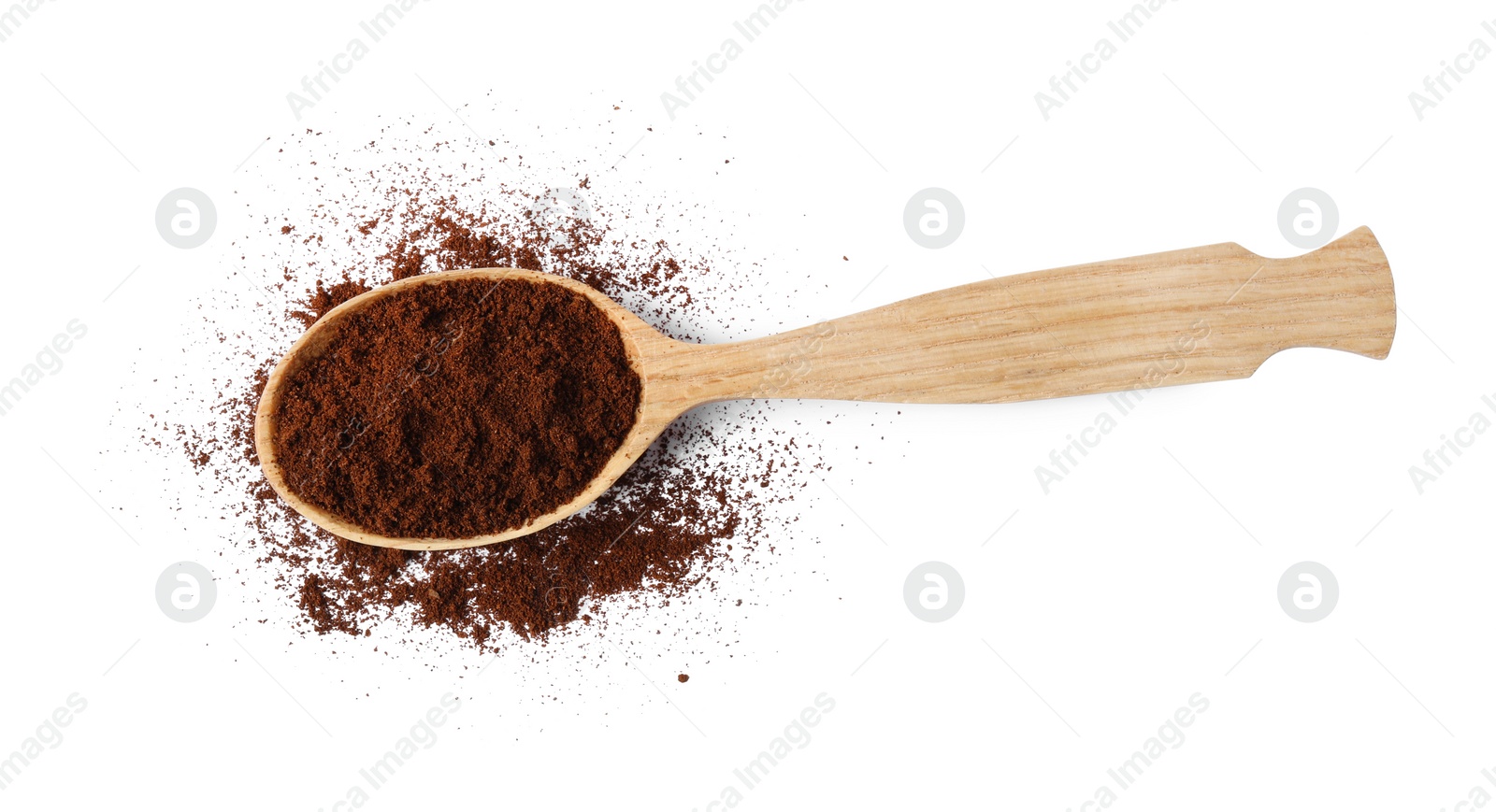 Photo of Wooden spoon of ground coffee on white background, top view