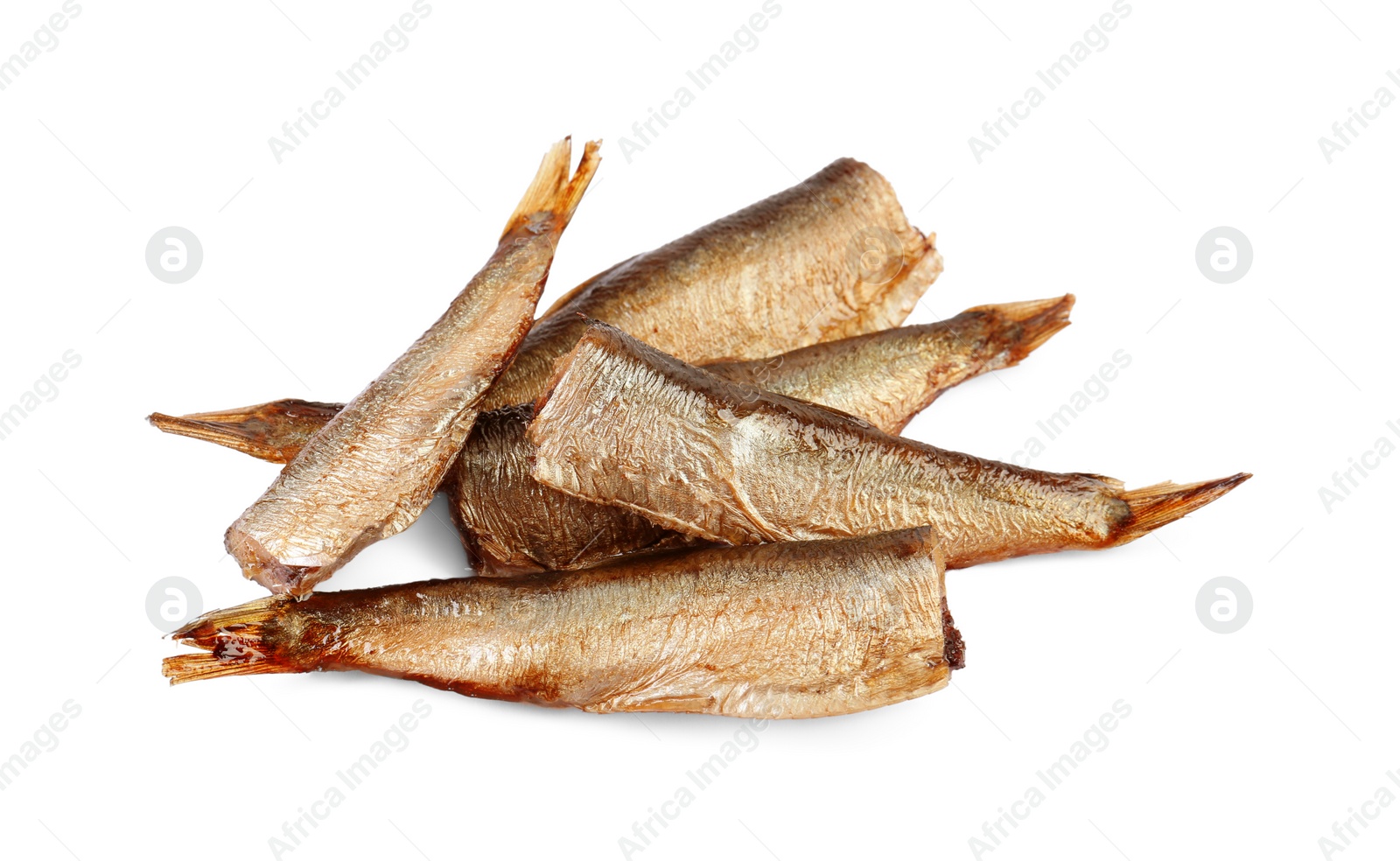 Photo of Many tasty canned sprats isolated on white