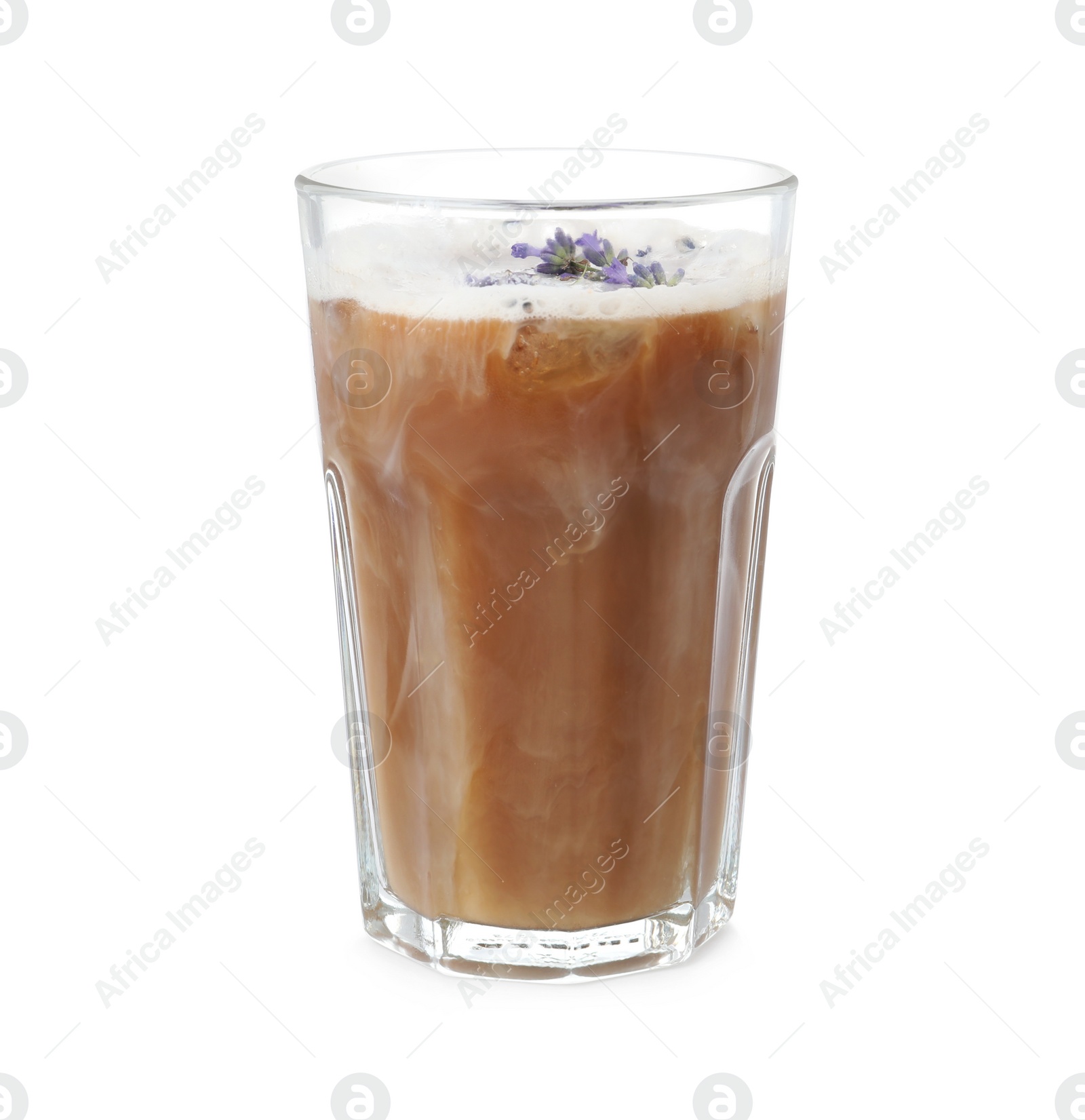 Photo of Delicious coffee with lavender isolated on white