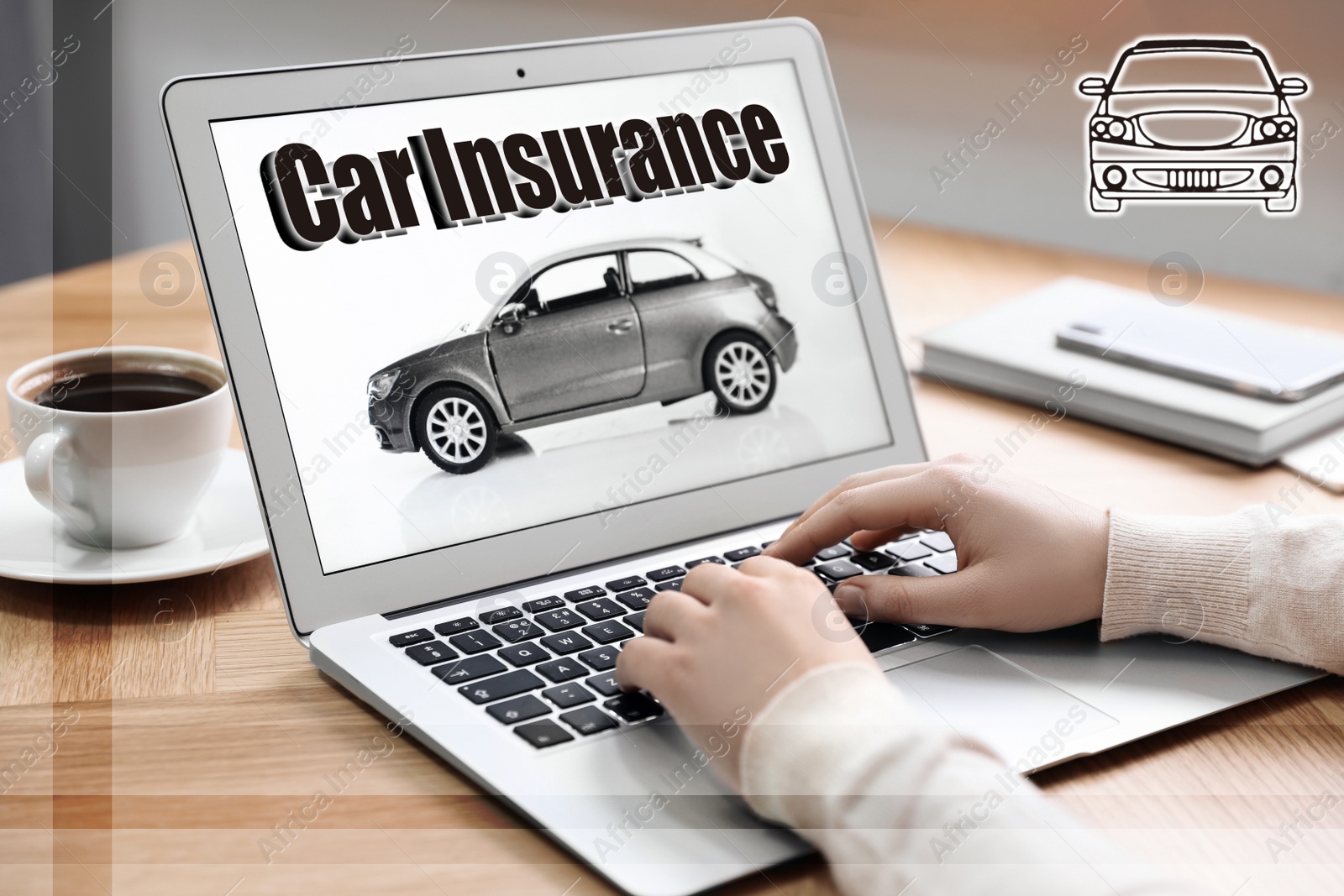 Image of Woman using laptop for car insurance at table indoors, closeup