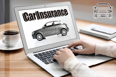 Image of Woman using laptop for car insurance at table indoors, closeup