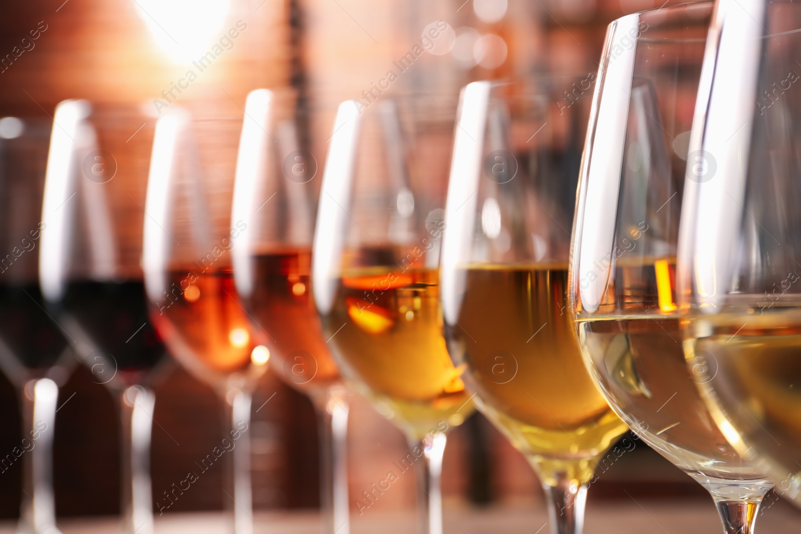 Photo of Different tasty wines in glasses against blurred background