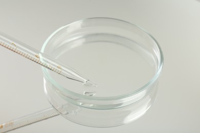 Petri dish and pipette with liquid sample on mirror surface, closeup