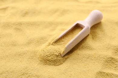 Photo of Wooden spoon of granulated brewer`s yeast on powder, closeup