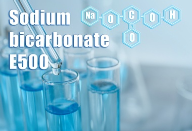 Image of Text Sodium bicarbonate E500 with soda formula and test tubes on background