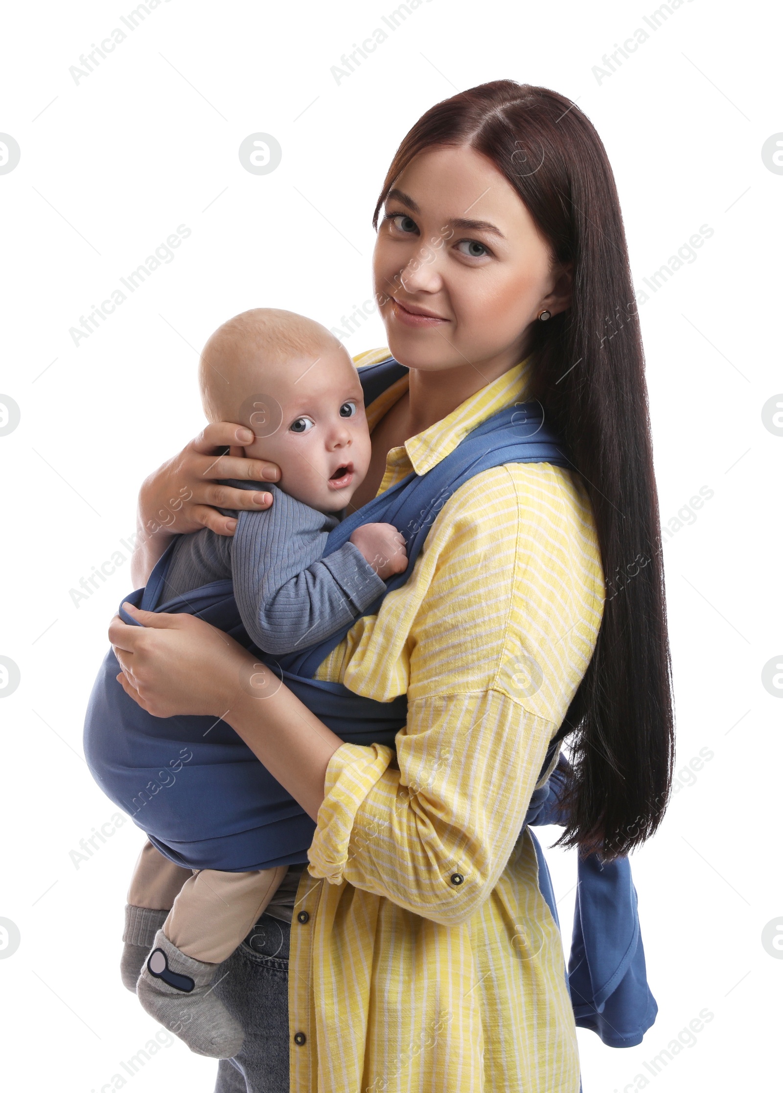 Photo of Mother holding her child in sling (baby carrier) on white background