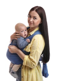 Photo of Mother holding her child in sling (baby carrier) on white background