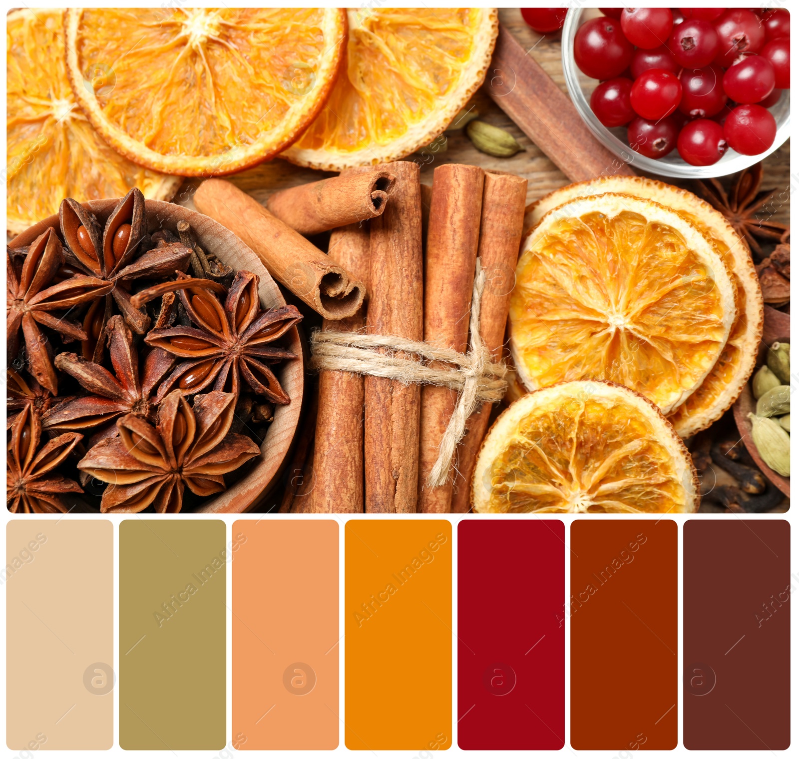 Image of Flat lay composition with mulled wine ingredients on wooden table and color palette. Collage