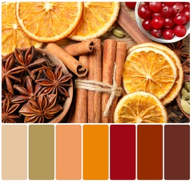 Image of Flat lay composition with mulled wine ingredients on wooden table and color palette. Collage