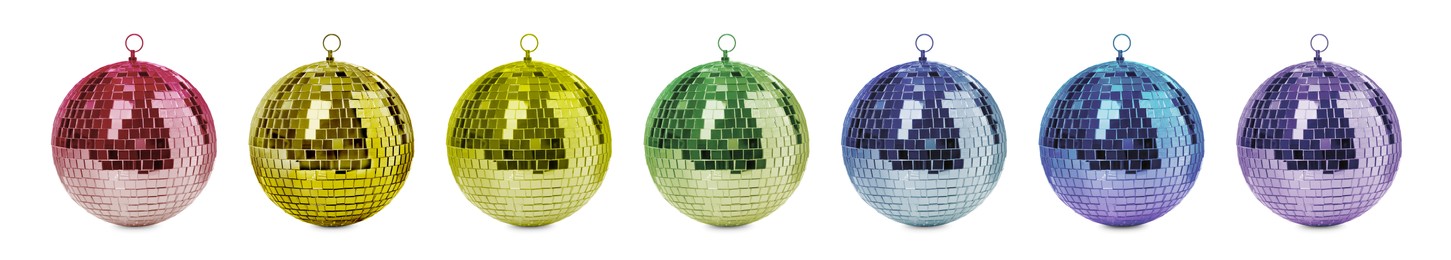 Image of Set with colorful shiny disco balls on white background. Banner design