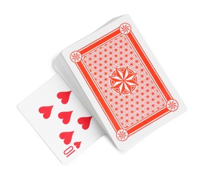 Playing cards and ten of hearts on white background, top view