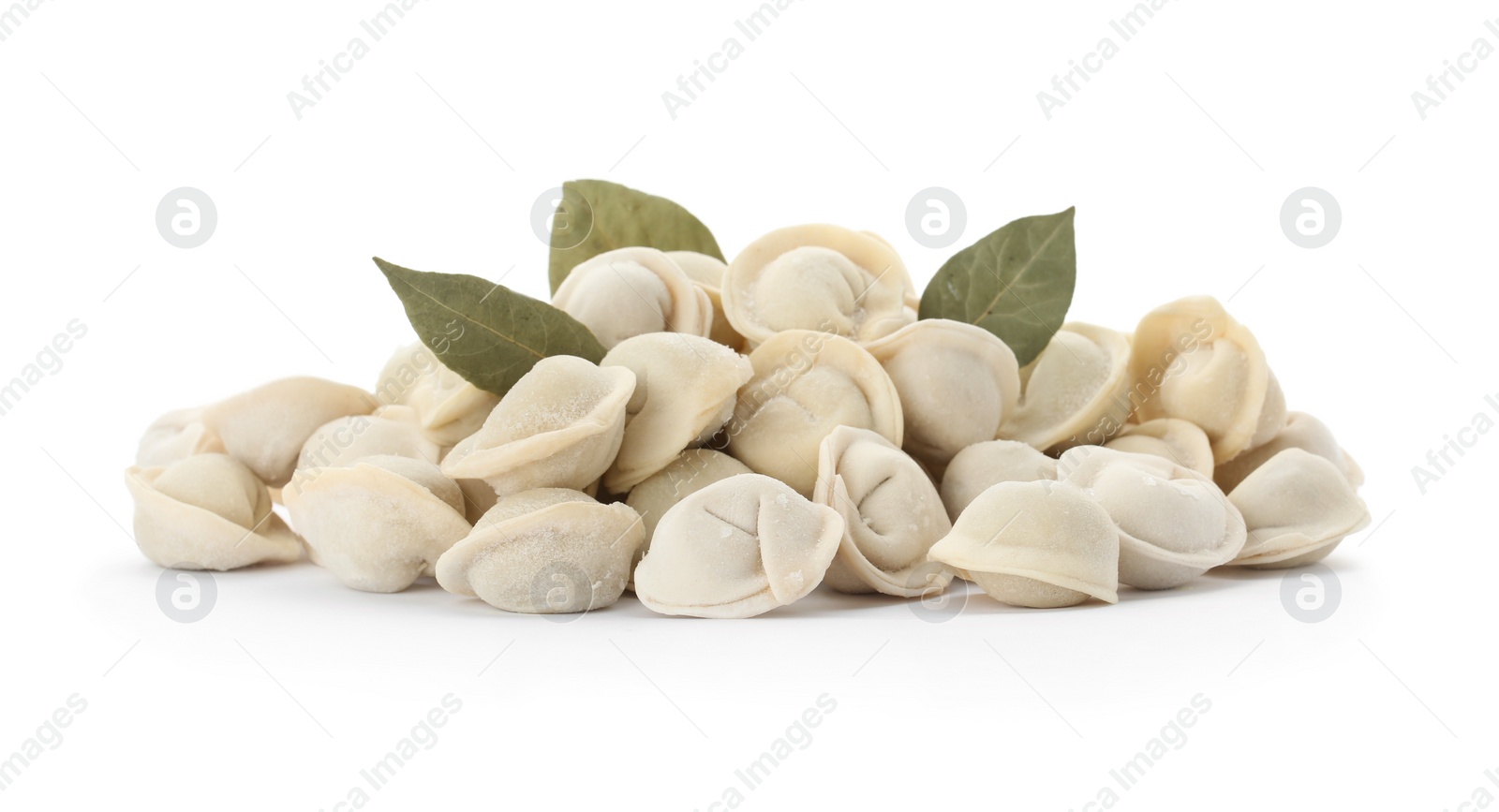 Photo of Raw meat dumplings with bay leaves on white background
