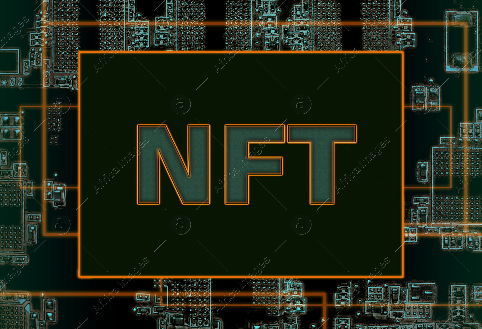 Image of Abbreviation NFT (non-fungible token) on chip and circuit board pattern illustration