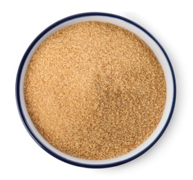 Photo of Bowl of granulated brown sugar isolated on white, top view