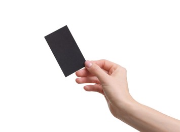 Woman holding blank business card on white background, closeup. Space for text