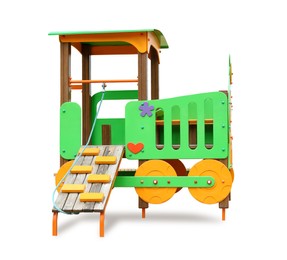 Image of Colorful outdoor train playset isolated on white. Modern playground equipment