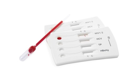 Disposable express hepatitis test kit on white background