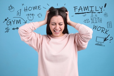 Stressed young woman, text and drawings on blue background