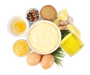 Bowl with fresh mayonnaise and ingredients on white background, top view