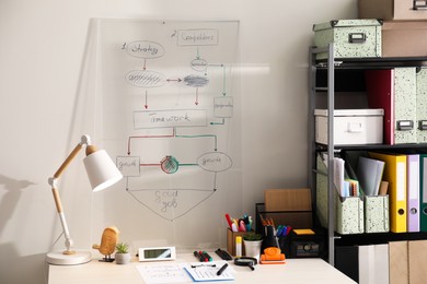 Photo of Business process planning and optimization. Workplace with lamp, notebook and other stationery on white wooden table