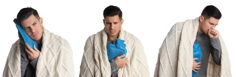 Image of Ill man with hot water bottle on white background, collage. Banner design 