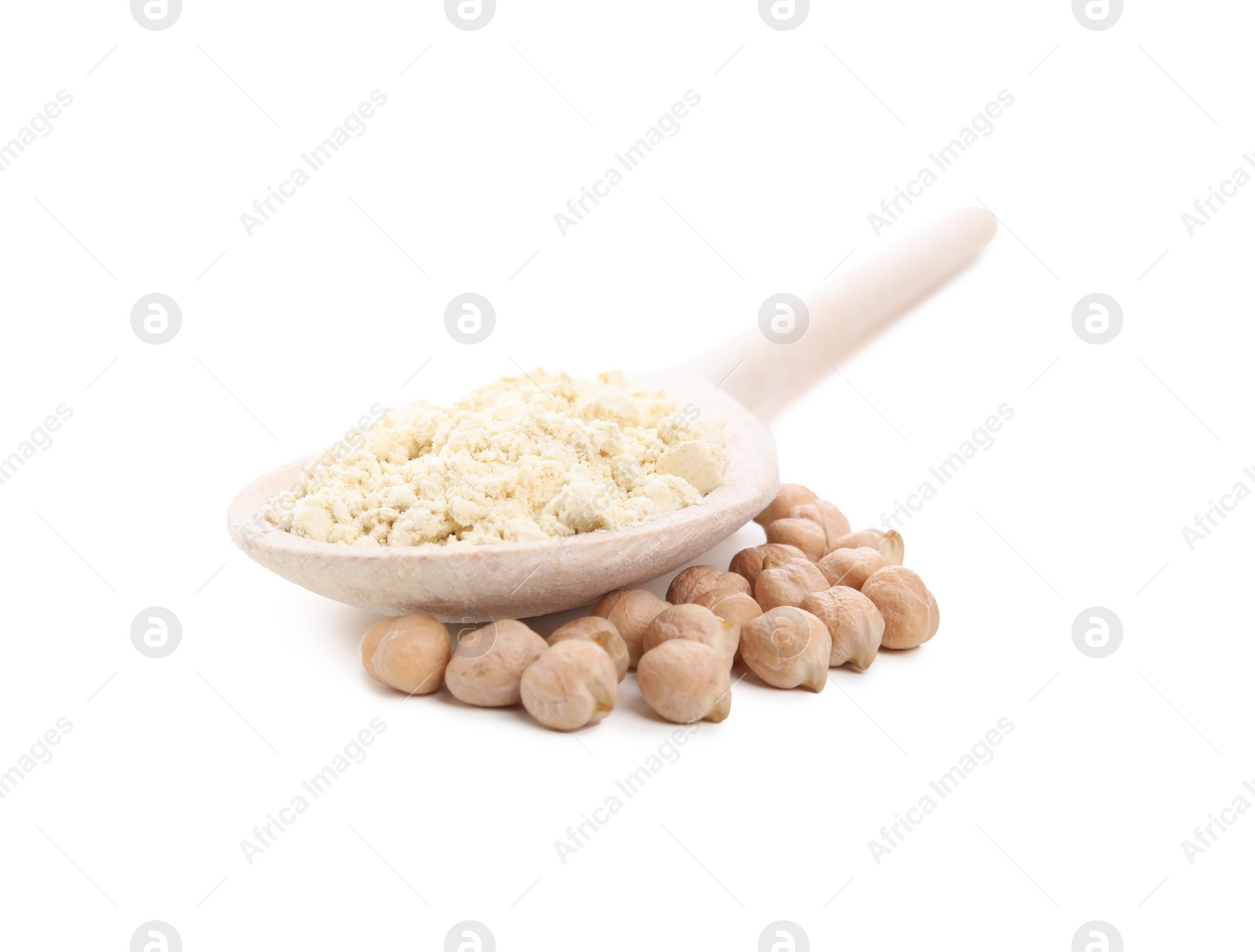 Photo of Spoon of chickpea flour and seeds isolated on white