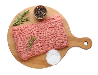 Photo of Raw fresh minced meat with rosemary and spices isolated on white, top view