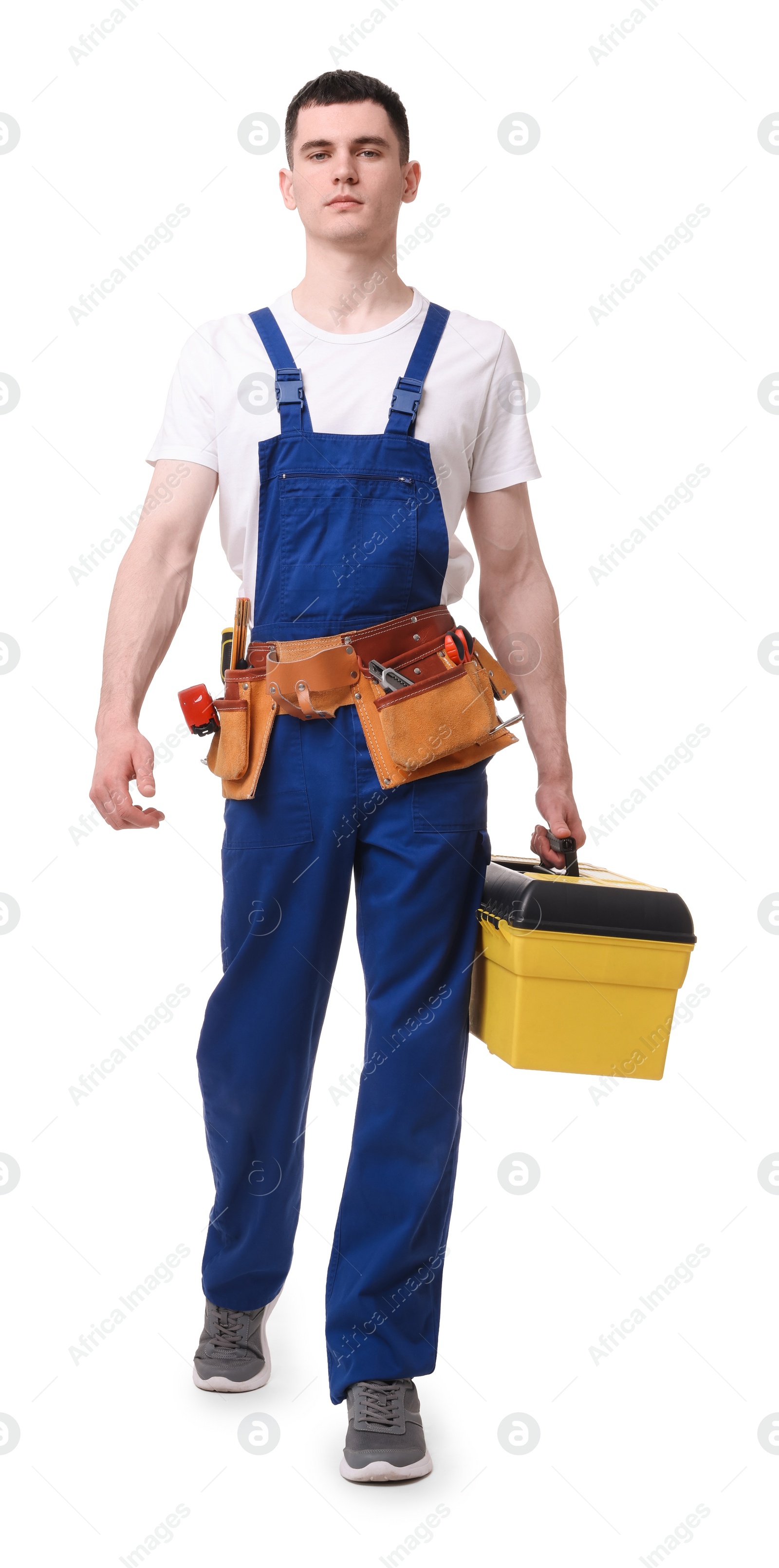 Photo of Professional repairman with tool box on white background