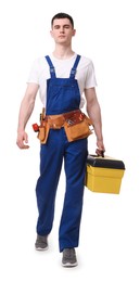 Professional repairman with tool box on white background