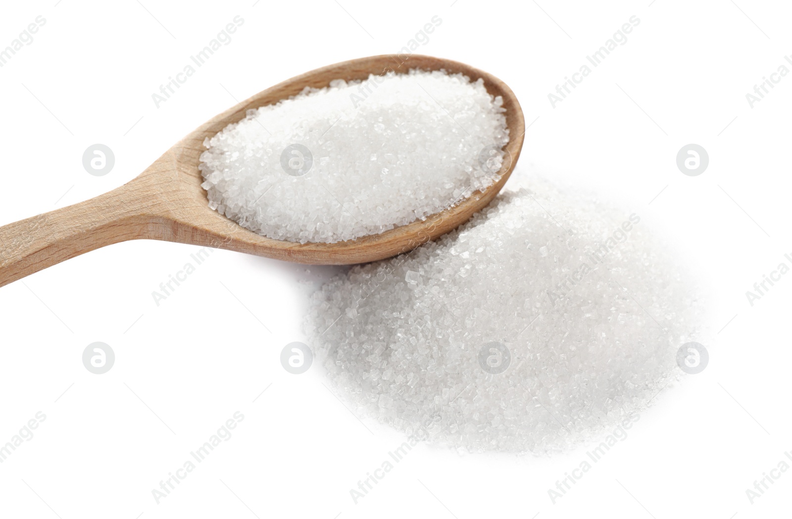 Photo of Wooden spoon and granulated sugar isolated on white