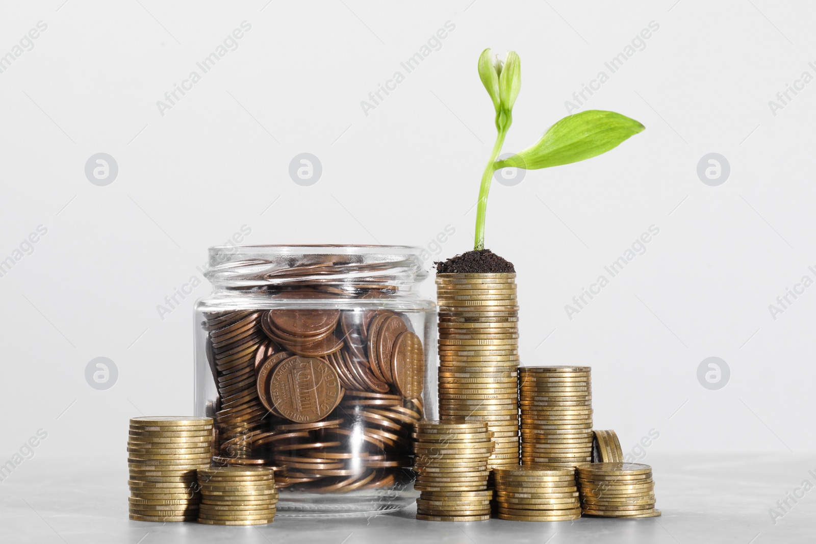 Photo of Glass jar with coins and flower against light grey background. Investment concept