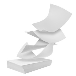 Image of Blank sheets of paper flying on white background