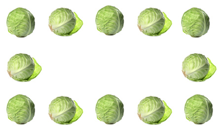 Image of Frame of fresh ripe cabbages on white background. Banner design