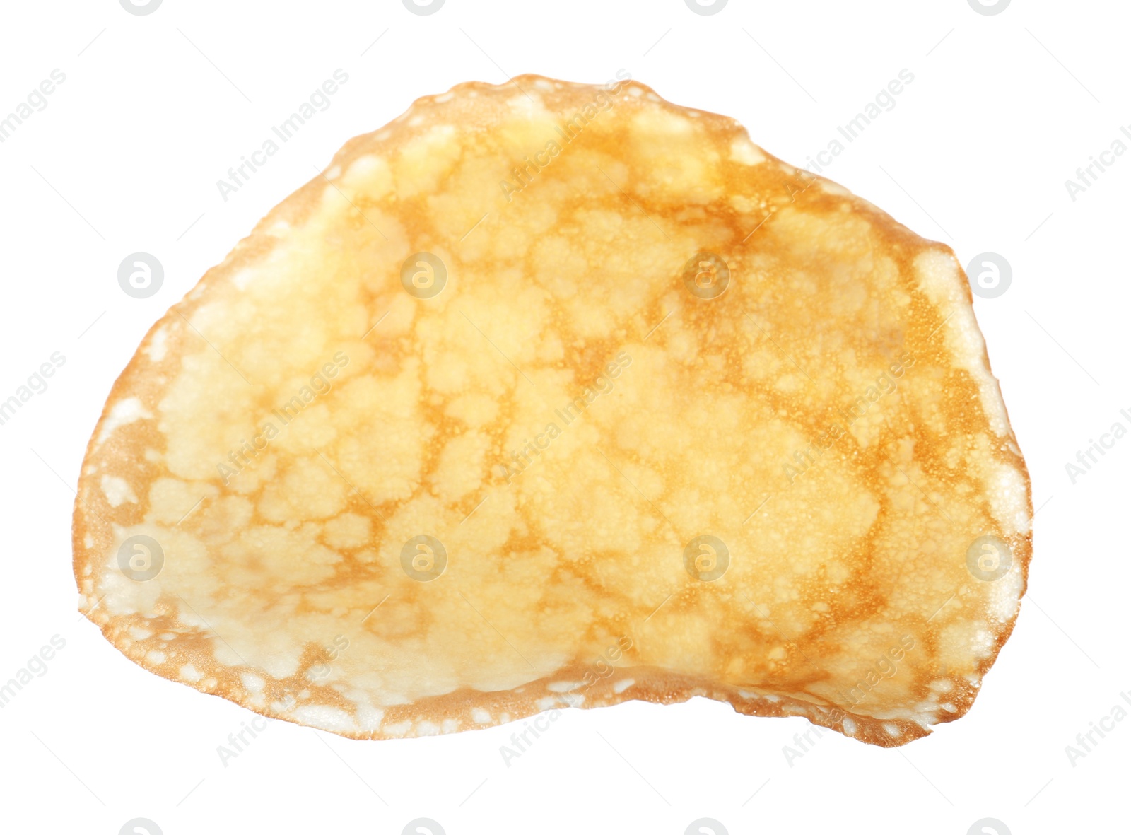 Photo of Hot tasty thin pancake on white background