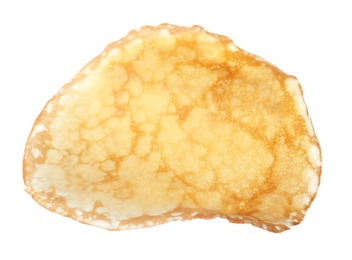 Photo of Hot tasty thin pancake on white background