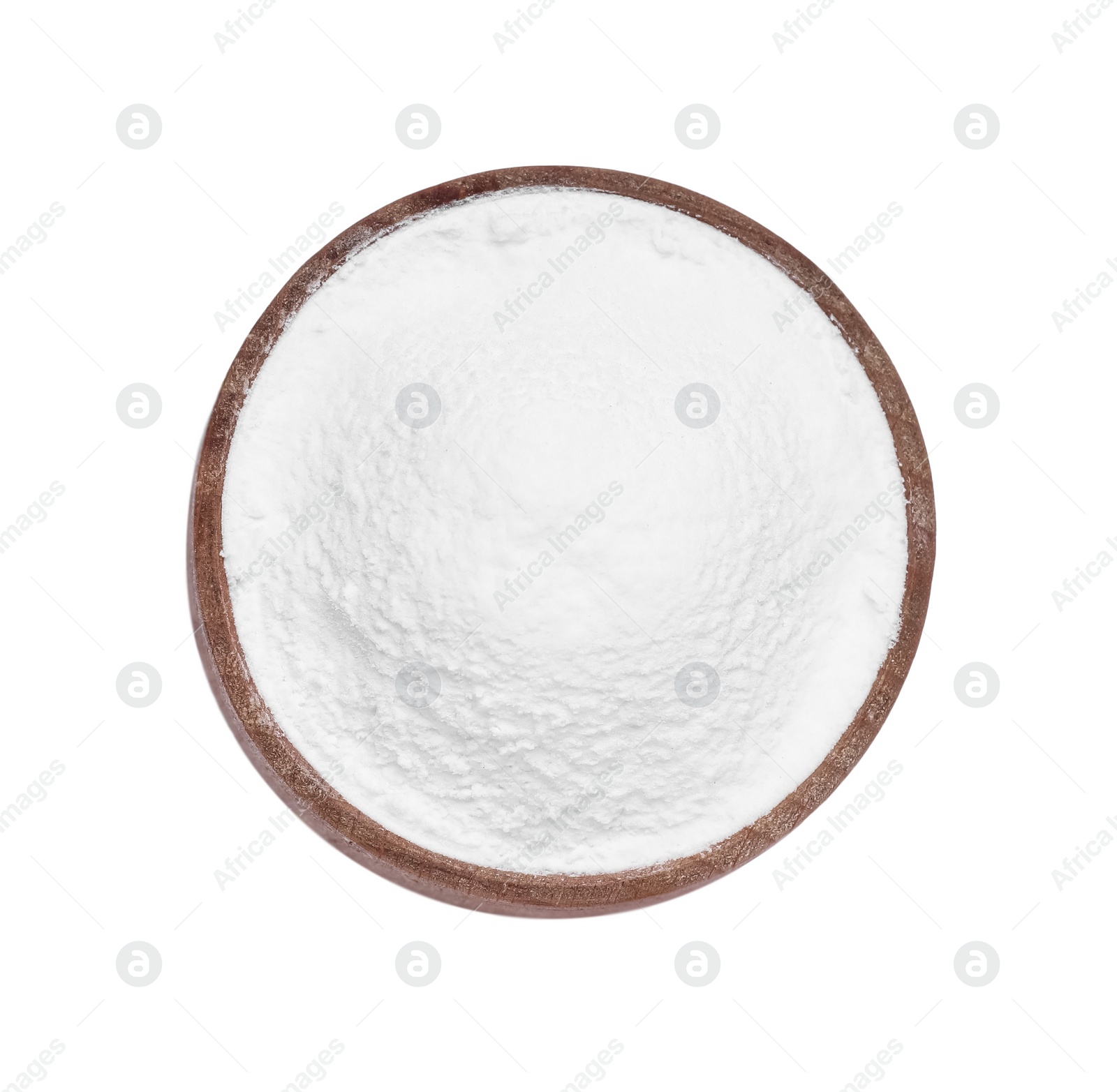 Photo of Wooden bowl of natural starch isolated on white, top view