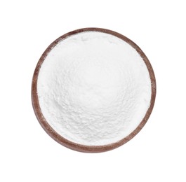 Wooden bowl of natural starch isolated on white, top view