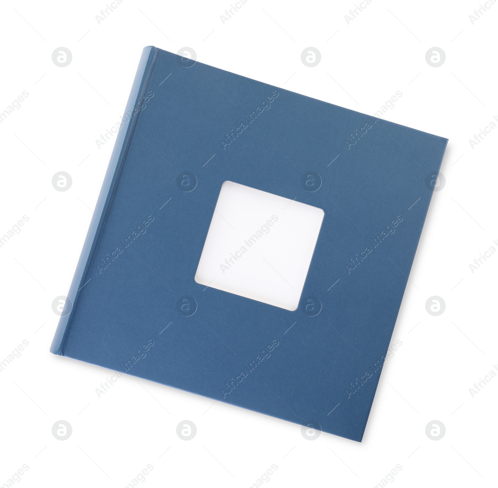 Photo of Blue closed photo album isolated on white, top view