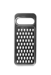 Photo of Stainless steel grater on white background. Kitchen utensil