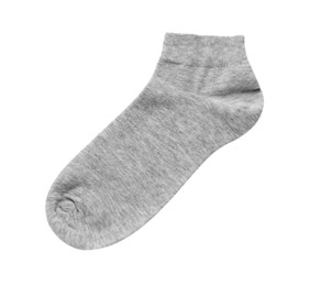 Photo of Grey sock isolated on white, top view