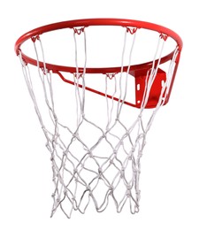 Modern red basketball hoop with net on white background