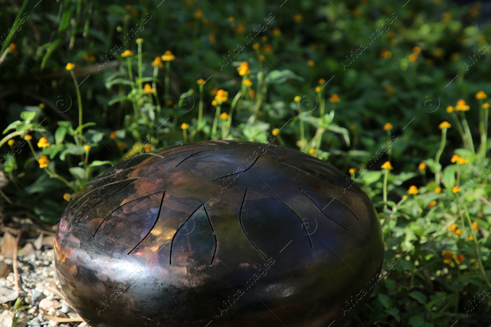 Photo of Steel tongue drum on ground outdoors. Percussion musical instrument