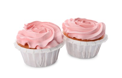 Photo of Baby shower cupcakes with pink cream on white background