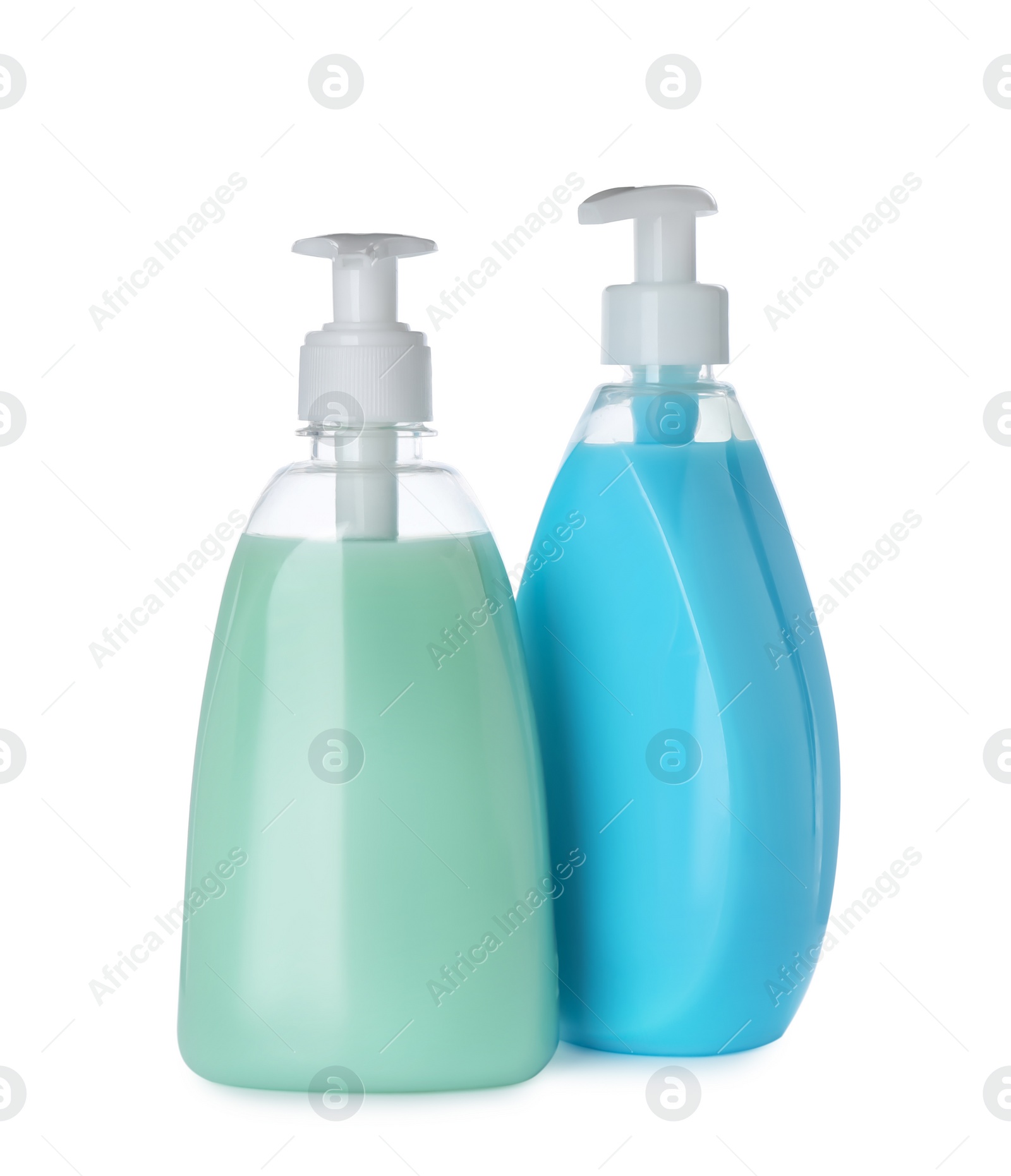 Photo of Dispensers of liquid soap on white background