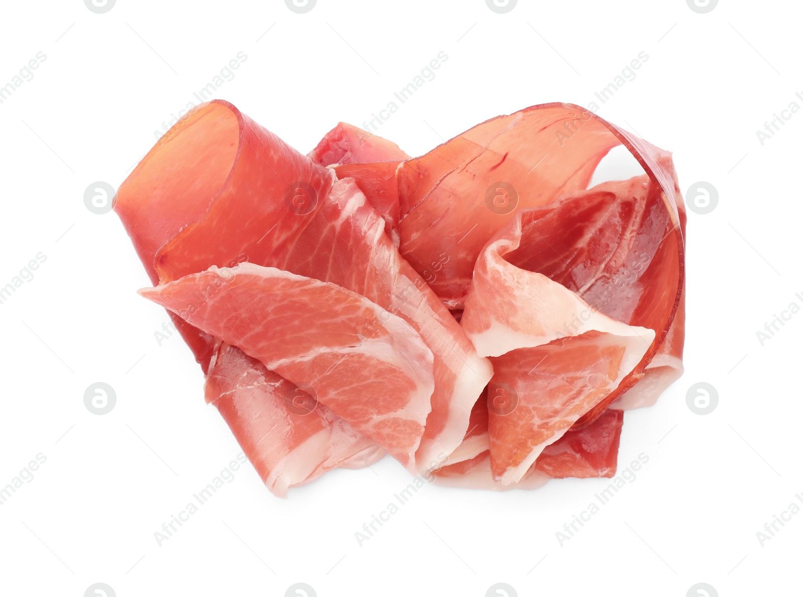 Photo of Slices of delicious jamon isolated on white, top view