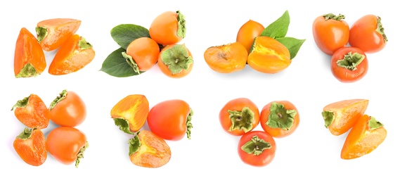 Image of Set of delicious fresh ripe persimmons on white background, top view. Banner design