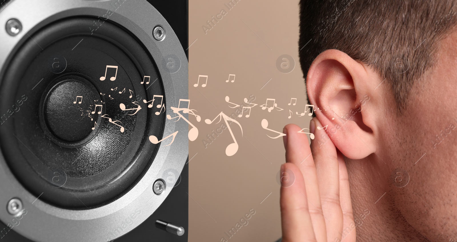 Image of Modern audio speaker and man listening to music on beige background, closeup view of ear. Banner design